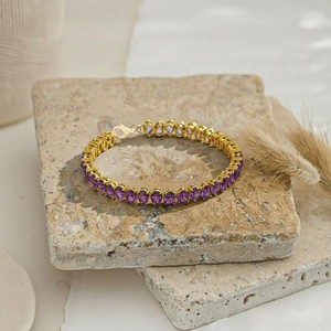Natural Amethyst Charm <b>Bracelet</b> in Sterling Silver Gold Plated Elegant Purple Gemstone Luxury Fine Jewelry for Women - Product Image 3