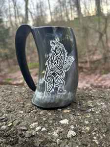 Polished Buffalo Horn Drinking <b>Mug</b> with Viking Bear Engraving Handle Outdoor Traditional Design Eco-Friendly Drinkware - Product Image 6