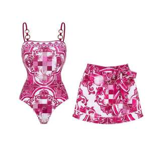 Traje de Baño de Dos Piezas para Mujer, Diseño Bandeau Hecho a Mano con Estampado de Dos Colores, Anillos, Cobertura Modesta, Conjunto con Falda y Cubrebaño, Tallas S-XL - Product Image 5