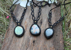 Handmade Natural Stone Macrame Pendant Necklace Bohemian Style Oval Shape Hemp <b>Rope</b> <b>Chain</b> Unisex Everyday Wear - Product Image 2