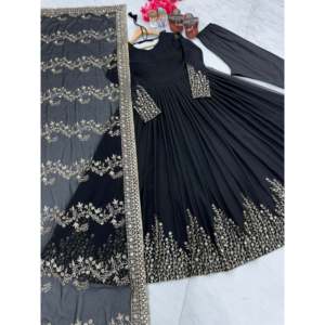 Designer Gown with Chiffon Dupatta & Bottom for <b>Party</b> Wear Three-Quarter Sleeve Length <b>Tops</b> - Product Image 2
