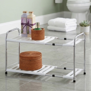 Étagère métallique double niveau portable et écologique en tubes d'acier, style moderne, pour rangement domestique et évier de cuisine, du fabricant taïwanais - Product Image 1