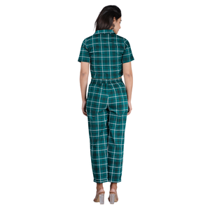 Conjunto coordinado de 2 piezas a cuadros verdes para mujer, camisa corta con botones en la parte delantera y pantalones con cordón de cintura alta, conjunto informal a juego - Product Image 2