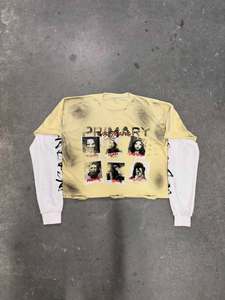 เสื้อยืดสตรีทแวร์ผู้ชาย แขนสองชั้น ผ้าถัก พิมพ์ลาย OEM ซักย้อมสีซีดแบบฟอกกรด 100% ผ้าฝ้าย แห้งเร็ว ระบายอากาศได้ดี กันยับ - Product Image 1