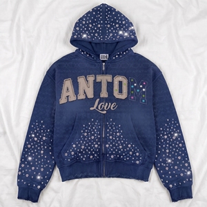 Custom Men's Winter Streetwear Cropped Boxy 180 GSM French Terry Sun Faded Rhinestone Acid Wash Zip-Up <b>Hoodie</b> Cotton/Bamboo - Product Image 4