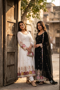 Luxury Blooming Georgette Multi Sequin Dori Work Anarkali Gown Micro Silk <b>Trousers</b> Dupatta Readymade Dress Set UW 815 - Product Image 1