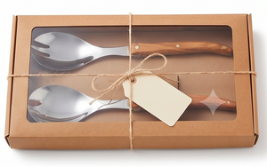 Ensemble de cuillères à salade en acier inoxydable avec manches en bois, finition miroir haute brillance, design minimaliste, passe au lave-vaisselle, pour usage professionnel. - Product Image 4