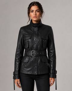 Veste en cuir PU pour femme, style moto vintage, col rabattable zippé, manches longues, écologique, imperméable, couleur unie - Product Image 1