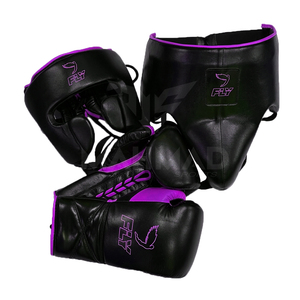 Fly Boxing Gear Set Black with Purple Trim Leather Headgear Groin Guard <b>Lace</b>-Up Fight Gloves Unisex for Martial Arts Training - Product Image 1