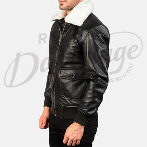 Chaqueta Bomber de Cuero Negra Premium para Hombre con Cuello de Piel Sintética Blanca, Chaqueta de Piloto Cálida para Invierno, Corte Ajustado - Product Image 5