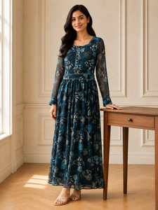 Elegante Vestido Largo para Mujer, Estampado, Color Azul Marino, Cómodo, de Manga Larga, Cuello Redondo, para Fiesta o Uso Casual - Product Image 4