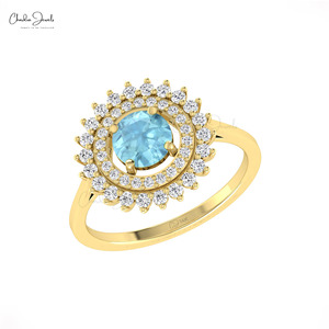 Natural 6mm Round Cut Aquamarine Floral Halo <b>Ring</b> with Diamond <b>Cocktail</b> <b>Ring</b> In 14k Solid <b>Gold</b> Celestial Jewelry for Women - Product Image 5
