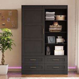 Armadio Alto per Camera da Letto con Asta Appendiabiti, Ante Scorrevoli, Cassetti e Ripiani Aperti per Organizzazione e Conservazione Vestiti - Product Image 2