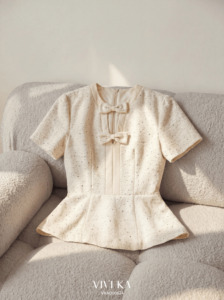 Women's Feminine Bow Detail Peplum <b>Blouse</b> Dobby Fabric SUVI Anti-Pilling Sequin Embroidery Shortsleeve Spandex / Polyester - Product Image 4