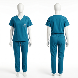 Women Scrub Uniform 180 GSM Poly Cotton Teal Blue V Neck Pocket Design Embroidered Custom Logo Medical Wear Set - Product Image 1