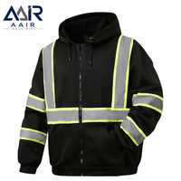 Veste de sécurité à capuche en polyester noir haute visibilité, fermeture éclair réfléchissante, vêtements de travail, logo personnalisé, uniforme pour les équipes de construction et de travaux routiers