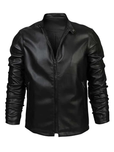 Veste moto en cuir PU noir pour homme, coupe ajustée, fermeture éclair, col rabattu, manches classiques, style automne - Product Image 2