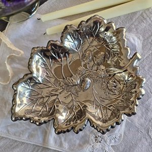 Silver Leaf Shape Embossed Metal <b>Tray</b> With Floral Design Decorative Serving Plate Suitable For <b>Snacks</b> Dry Fruits And Table Decor - Product Image 1