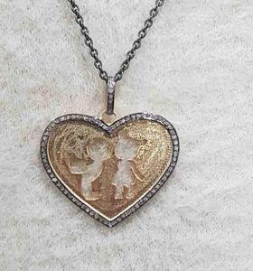 Colgante de Corazón Vintage en Plata de Ley 925 con Diamantes Naturales Engastados, Bañado en Rodio Negro, Tamaño 37x32MM, para Boda - Product Image 3