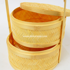 Eco-Friendly Round Woven Bamboo Double Tier <b>Storage</b> <b>Basket</b> with Handle Handmade Natural Home Decoration Food <b>Storage</b> Container - Product Image 6