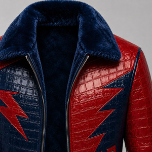 Veste en cuir gaufré crocodile rouge et bleu pour homme avec col en fourrure, style motard, coupe-vent, manteau d'hiver, coupe ajustée, fermeture éclair - Product Image 6