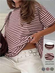 เสื้อยืดผู้หญิงลายทางฤดูร้อนถักนิตติ้งโมดัลลำลองแขนสั้นทรงหลวม - Product Image 5