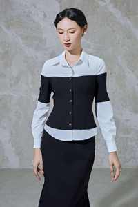 Conjunto de Falda Elegante para Mujer, Diseño Tejido, Elegante/Formal/Oficina, MARINA - Camisa Caqui con Capas en Blanco y Negro KS49 - Product Image 4