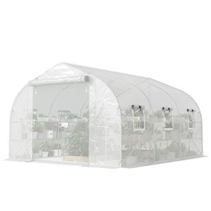 Serra a tunnel da 6FT con ripiani, porta e finestre in rete, copertura in PE, 10FT x 11FT, ecologica, per piante, bianca - Product Image 1