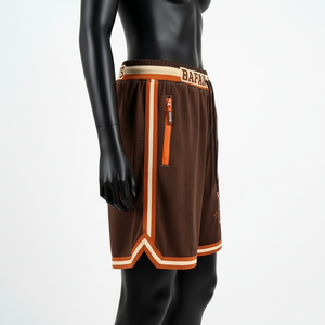 Shorts de basket-ball pour femmes, 160 GSM, polyester respirant, maille, marron, orange, panneaux rayés, logo personnalisé - Product Image 6