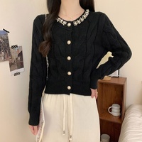 Blouses élégantes pour femmes, cardigans en tricot jacquard torsadé avec perles, boutons, col rond, manches longues, hauts chics pour femmes