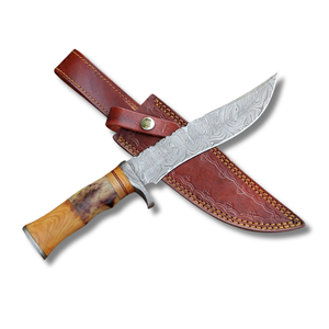 Cuchillo de caza de acero de Damasco con punta de gota y mango de madera, hoja fija, hecho a mano, para supervivencia al aire libre, venta al por mayor OEM - Product Image 1