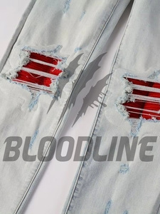 กางเกงยีนส์ทรงตรงสีฟ้าอ่อนสำหรับผู้ชาย แบรนด์ BLOODLINE รุ่นสลิมฟิต ขาดเซอร์ๆ สไตล์สตรีทแวร์ ผ้าฝ้ายคุณภาพพรีเมียม เอวกลาง เหมาะสำหรับฤดูใบไม้ร่วง - Product Image 2