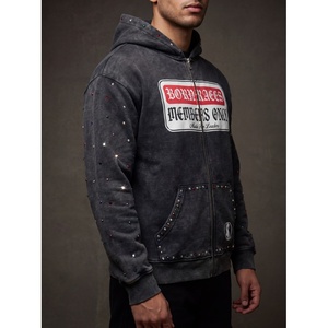 Sweat à capuche zippé vintage pour homme, délavé, avec strass et imprimé graphique, coupe oversize, style streetwear - Product Image 2