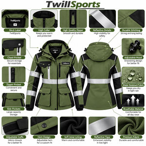 Chaqueta de Trabajo Reflectante de Alta Visibilidad para Mujer TwillSports, Verde y Negra, de Poliéster, con Capucha y Bolsillos - Product Image 6