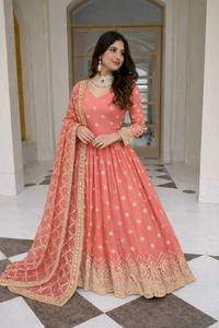 Traje Anarkali Rosa Bordado, Vestido Largo Hasta el Suelo con Mangas Largas y Dupatta, Atuendo Tradicional Indio Pakistaní para Bodas, para Mujer - Product Image 3