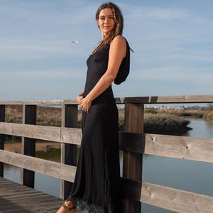 Vestido largo con capucha para mujer, sin mangas, de viscosa, con detalle de cordones y delicado ribete de encaje, vestido largo y fluido - Product Image 1