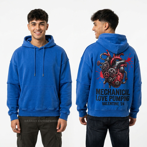 Sweat à capuche pour homme bleu cobalt à manches superposées, motif graphique 'Mechanical Love Pumping Gear' et goutte de sang, style streetwear, pull épais, fournisseur - Product Image 1
