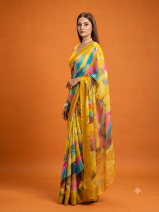 Sari synthétique jaune imprimé numériquement, motif abstrait multicolore, pour femme, tenue de mariage traditionnelle Inde Pakistan, longueur ras du sol - Product Image 3