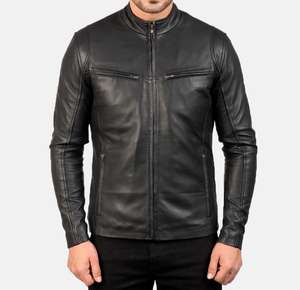 Full Slim Black Real <b>Leather</b> Winter <b>Jacket</b> with Front and Side Pockets <b>Men</b> Stand Collar Biker Soft Zipper Windproof Eco-Friendly - Product Image 3