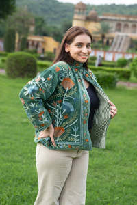 Women's Traditional <b>Green</b> <b>Velvet</b> Suzani Embroidered Jacket Full Sleeves Handmade Ethnic Boho Fashion Statement Outerwear - Product Image 5