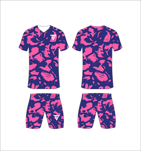 Custom sublimated soccer uniform set for men with dark navy and bright pink camo pattern print jersey and matching <b>shorts</b> - Product Image 4