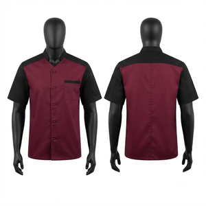 200 GSM Woven Poly Cotton Unisex Short Sleeve Chef Jacket Burgundy Black Contrast Panel Custom Embroidery Logo Restaurant Bar - Product Image 1