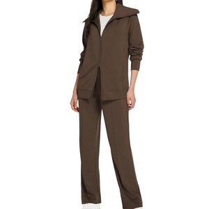 Ensemble de survêtement bordeaux pour femme, couleur unie, manches longues, fermeture éclair, coupe décontractée, respirant, 100 % polyester, idéal pour l'automne - Product Image 5