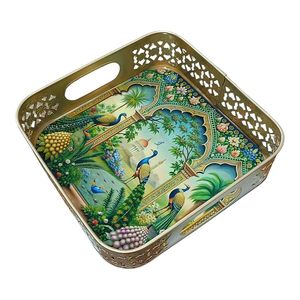 Bandeja decorativa redonda de metal azul estilo Pichhwai para servir - Product Image 4