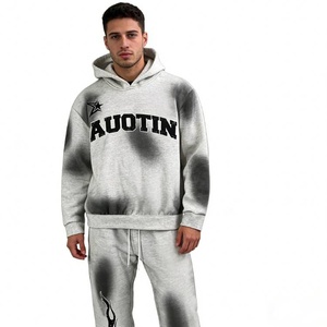 Ensemble de survêtement à capuche pour homme, manches longues, en coton, décontracté, gris, imprimé tie-dye, lettres, pour l'automne - Product Image 1