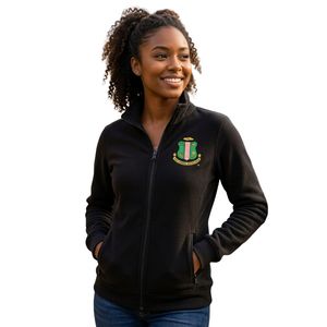 Chaqueta de microforro polar negra para mujer con cremallera completa, parche de escudo verde y dorado, manga larga, cálida, informal, para exteriores, suave y cómoda. - Product Image 3