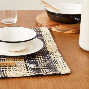 Salvamanteles rectangular de junco marino y paja tejida, con diseño a cuadros y guinga, posavasos azul marino, platos decorativos de presentación, al por mayor - Product Image 2