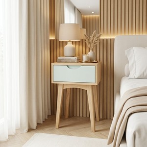 Table de chevet moderne en bois avec 1 tiroir de rangement, design scandinave, meubles de chambre à coucher - Product Image 3