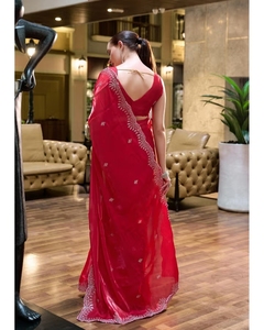 KV Elegant <b>Red</b> Shimmer Chiffon with Fine Embroidery <b>Saree</b> With Unstitched Blouse - Product Image 2