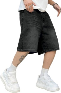 Pantalones Cortos Bermuda de Mezclilla Negra Lavada para Hombre, Cintura Media, Cierre Elástico, Casuales, de Lona de Algodón Sólido - Product Image 3